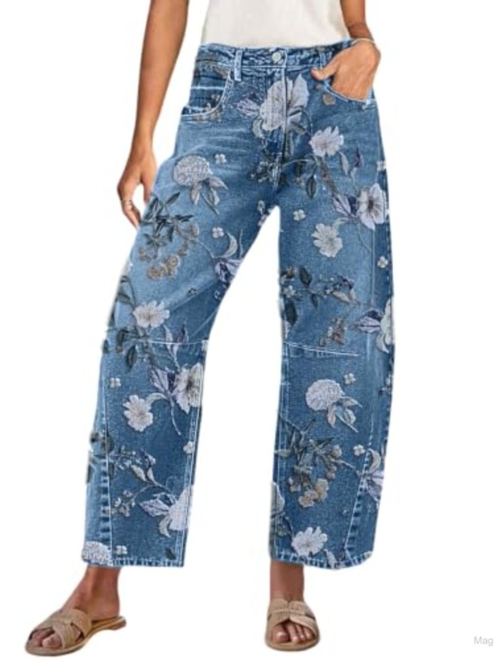 Women's Floral Barrel Jeans Mid Rise Wide Leg Boyfriend Denim Pants
